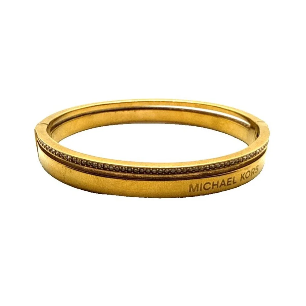 Michael Kors Gold Tone Crystal Rhinestone Bracelet Hinged Logo Bangle 7.5